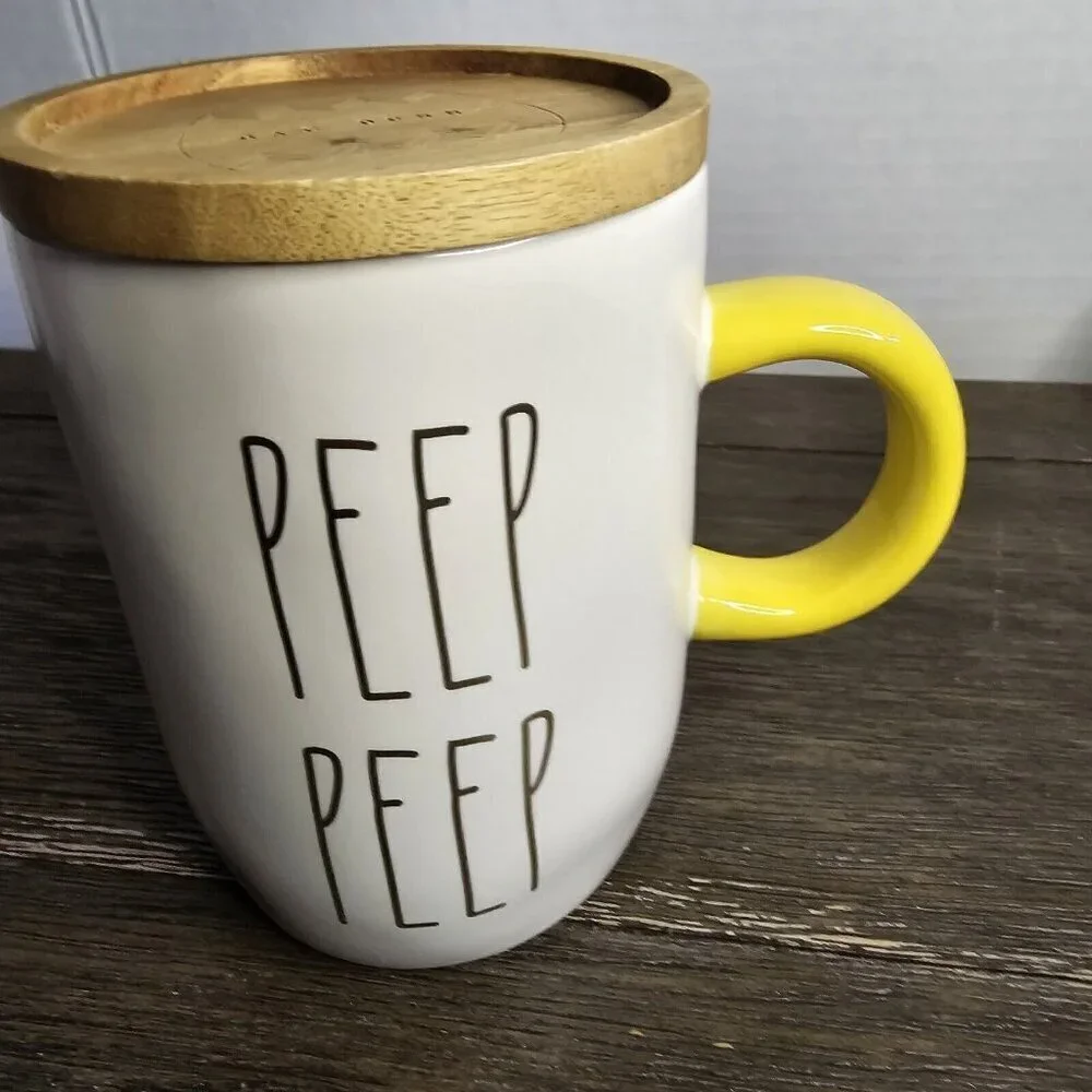 Rae Dunn Artisan Peep Peep Tall Easter Mug Gold Yellow Handle Wood Top 2021